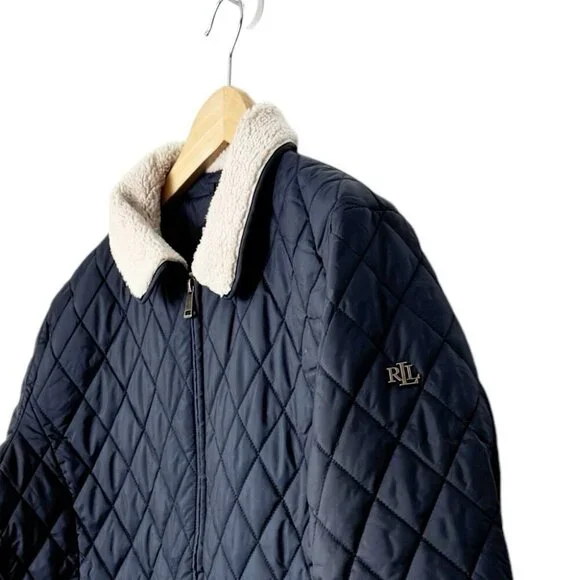 Lauren Ralph Lauren Berber Quilted Faux Shearling Trim Jacket navy blue size XXL - Picture 3 of 7
